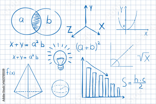 Math symbols formulas on notebook page background. Sketch symbols mathematical equations, schemes geometry shapes. 