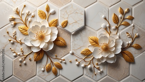 Elegant 3D white and gold floral relief on crackled hexagonal marble tiles