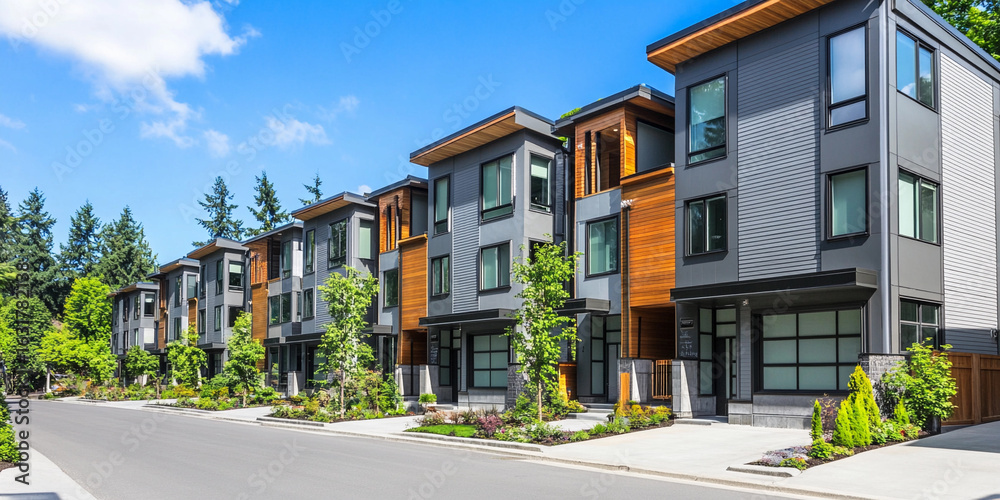 Fototapeta premium Modern townhomes with vibrant architecture and greenery Generative AI