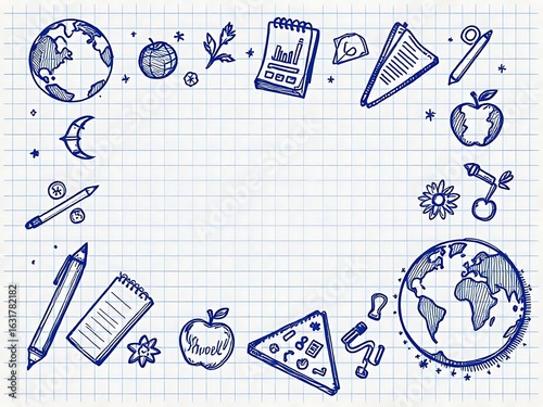 Collection of hand drawn school doodles on grid paper featuring books, backpack, science icons, and education tools in blue ink. Perfect for educational themes and backgrounds