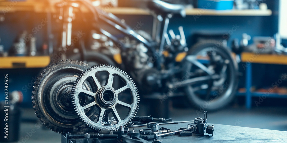 Fototapeta premium Metal gear wheel displayed on workbench in workshop Generative AI