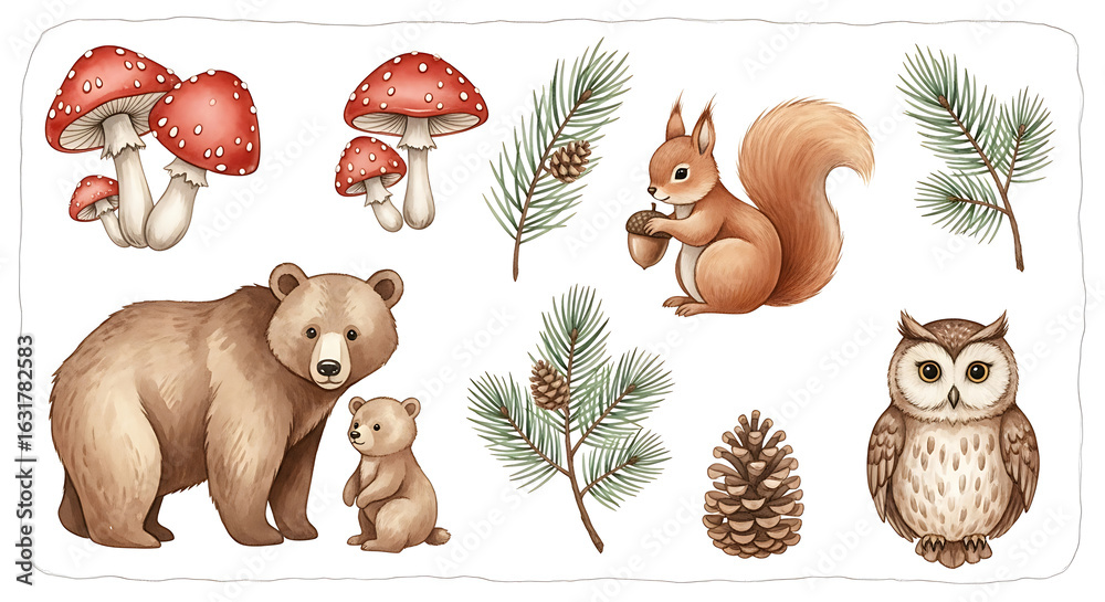 Obraz premium Watercolor Forest Animals and Elements Illustration Set.