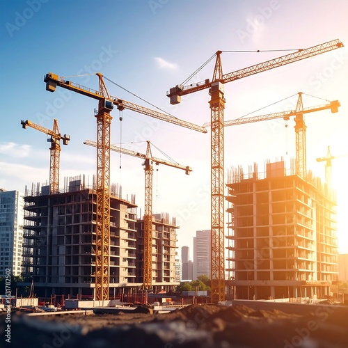 Sunlit cityscape construction site with multiple cranes and high-rise buildings under construction