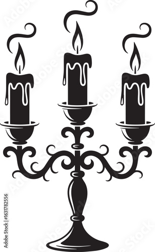 Ornate gothic candelabrum with three dripping candles black white