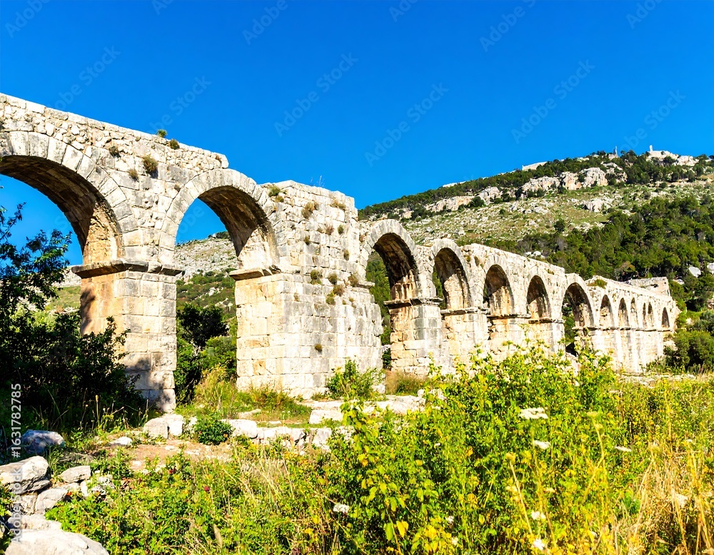 Fototapeta premium Ancient aqueduct arches against a clear blue sky