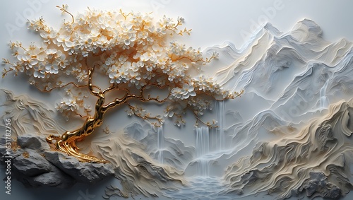 Luxurious Golden Tree with White Blossoms on Rocks Overlooking Serene 3D Mountain Waterfalls