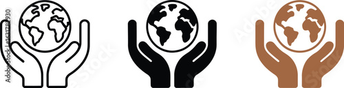 Three illustrations of hands holding the earth in black white and brown on a white background