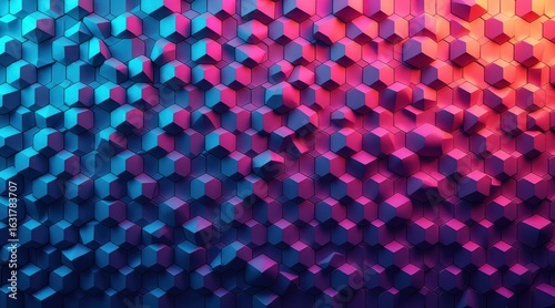 Abstract geometric pattern of cubes with neon lighting