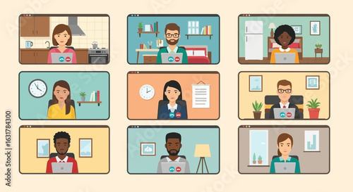 Flat vector illustration showing a virtual video conference with nine diverse professionals participating from different home office settings. Each individual appears in their own video call window, d