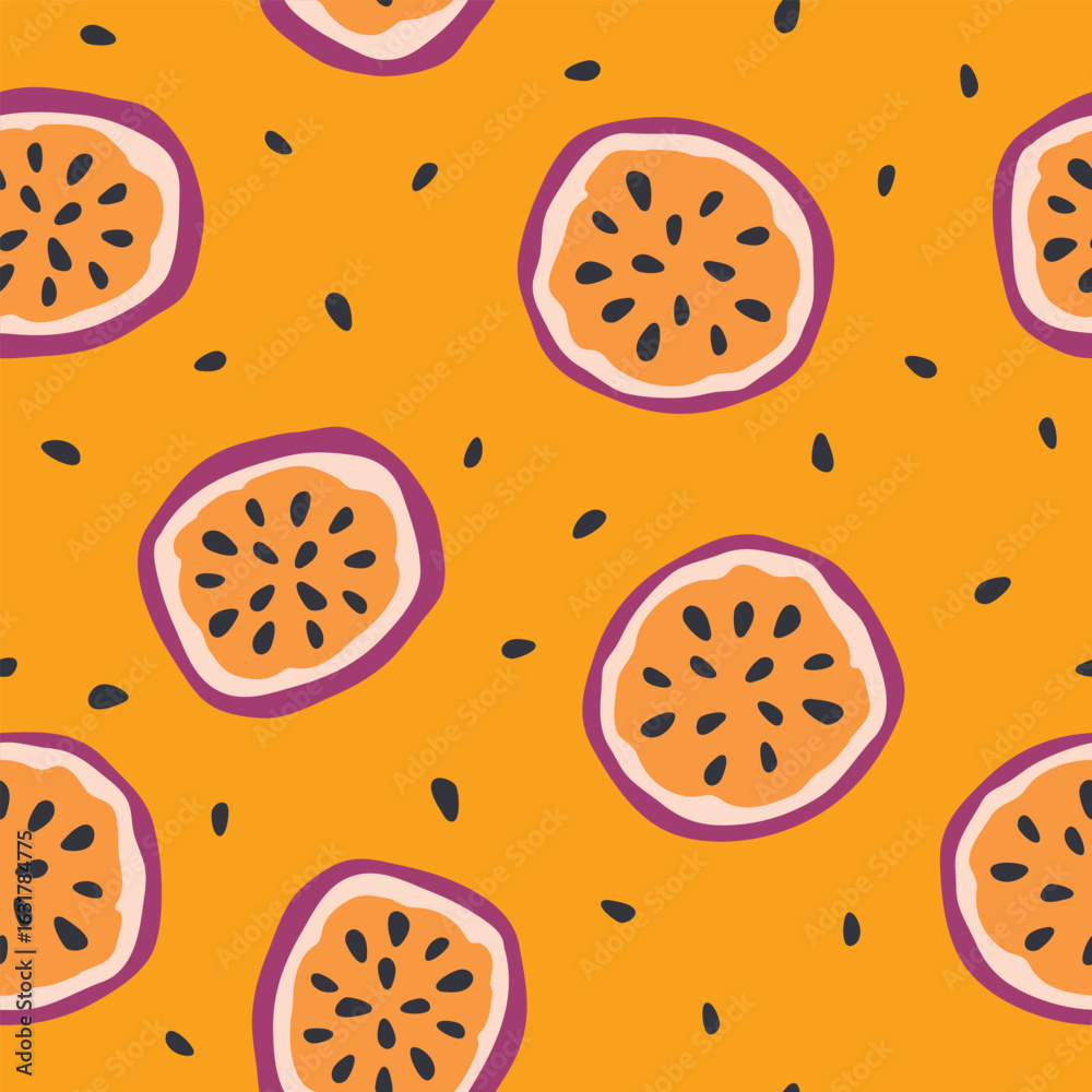 Fototapeta premium passion fruit pornstar cocktail seamless pattern; perfect for bar menus, drink recipes, and summer-themed designs - vector illustration