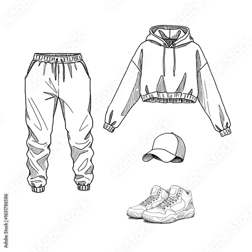 Fashion outfit sketch vector illustration in black and white featuring hoodie, sweatpants, sneakers, and cap
