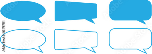 Set of blue speech bubble vector icons in flat and outlined styles. Ideal for chat, dialogue, and communication design projects. Includes various shapes for messages and quotes.