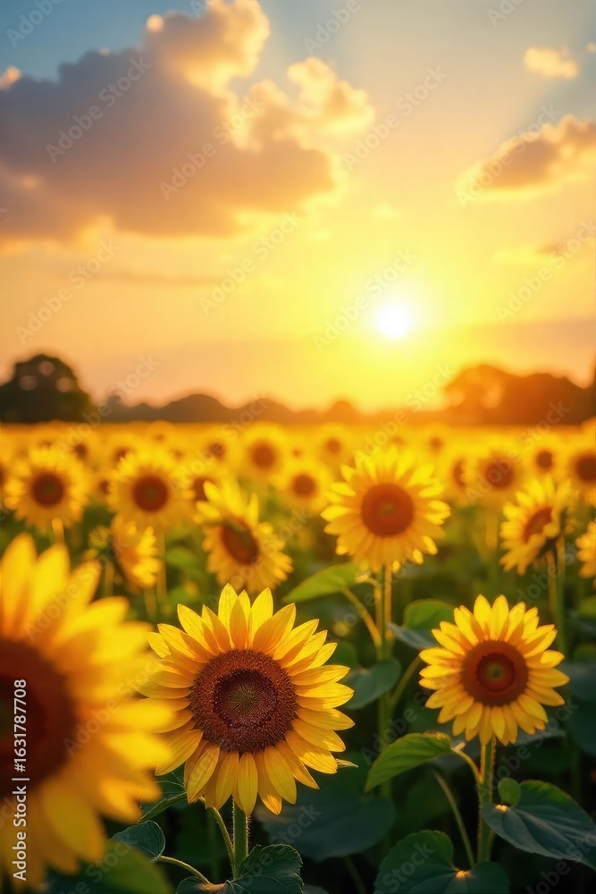 Fototapeta premium Golden hour sunlight bathes a vibrant yellow field of sunflowers, creating a breathtaking scene of natural beauty and warmth Perfect for summer, nature, and growth themes , nature, optimism, floral