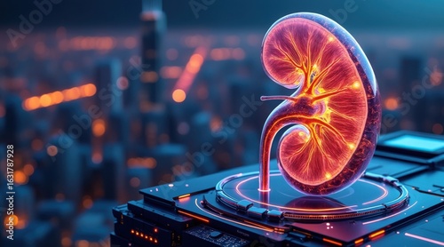 Glowing futuristic kidney displayed on advanced medical technology
