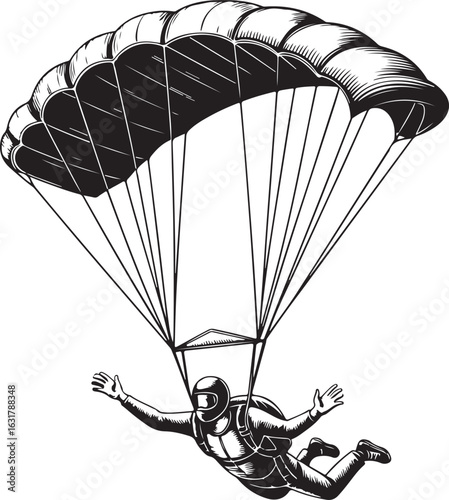Retro Parachute Jump Scene  Skydiver Woodcut Vector Illustration