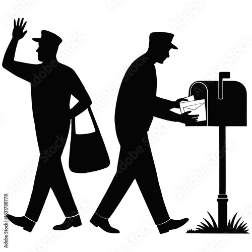 Two mailmen delivering letters silhouette