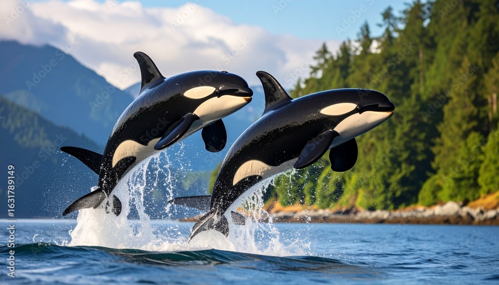 Fototapeta premium Two orcas leap playfully above the ocean surface, splashing water in a vibrant coastal marine setting under a bright blue sky. 