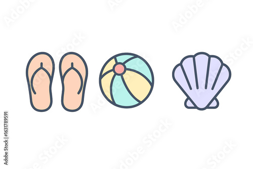 Summer beach essentials with flip flops, a colorful beach ball, and a seashell decorated for a tropical getaway