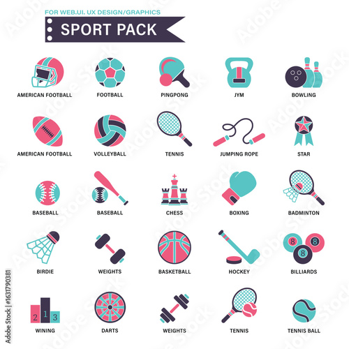 25 Sports and fitness icon set. Features icons for a variety of sports including football, tennis, boxing, and more. Ideal for websites, apps, and graphic designs related to sports.
