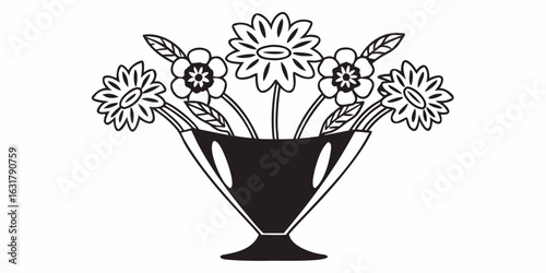 Black and white drawing of flowers in a vase with simple line art and floral design elements shown