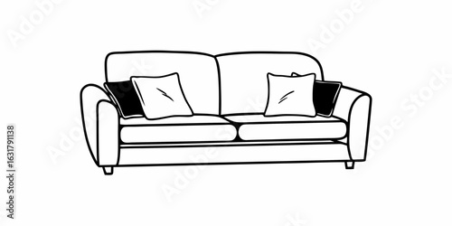 Illustration of a couch with two cushions and two pillows in black and white outline style art