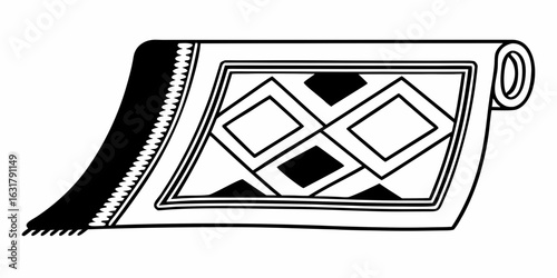 Illustration of a rolled rug with geometric diamond patterns and tassel fringe on one side shown in black