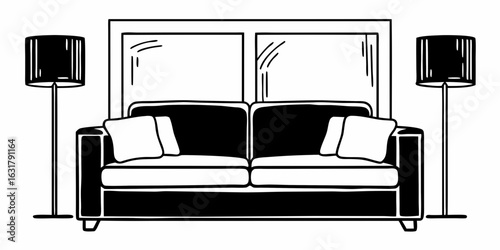 A living room setup featuring a sofa with pillows flanked by lamps and a window behind it all nicely drawn