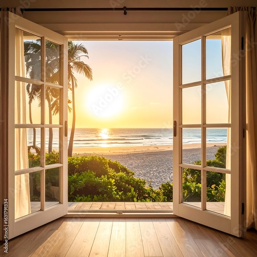 Sunrise view through open French doors onto a sandy beach and ocean, palm trees visible