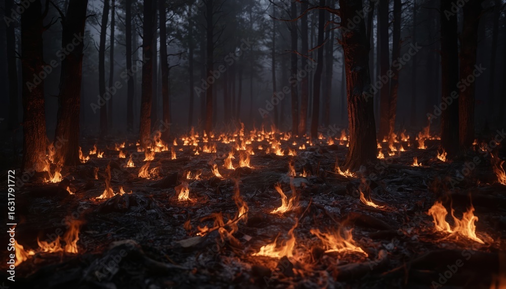 Obraz premium Numerous small fires ignite forest floor in dramatic night scene. Trees stand silhouetted against intense orange glow of flames, smoke. Ground covered in burning embers, charred debris, creating