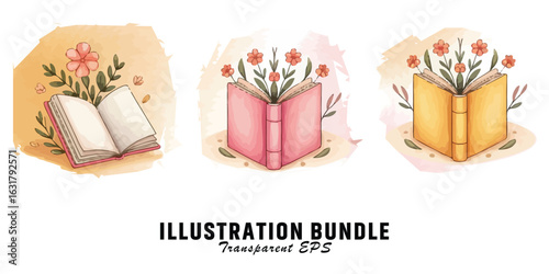 Vector art of watercolor books with flowers isolated on white background