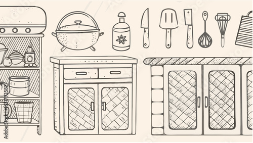 Illustration of kitchen scene featuring cabinets cooking pot and various kitchen utensils drawn style silhouette