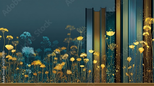A serene scene of wildflowers blooming amidst a collection of books, blending the beauty of nature with the allure of literature in a harmonious display