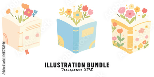 Vector art of books with flowers isolated on white background