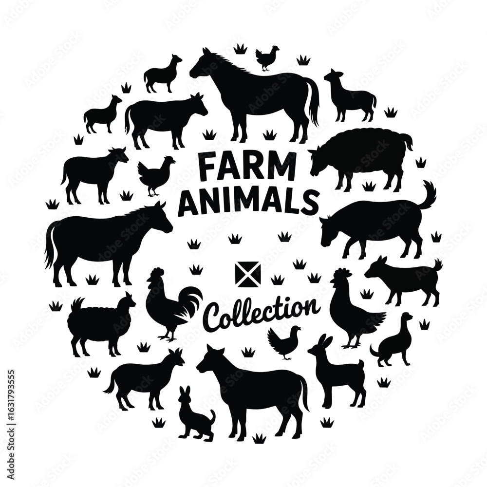 Fototapeta premium Farm animal silhouettes in a circle with grass elements