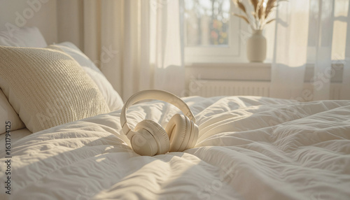 noise canceling headphones on bed