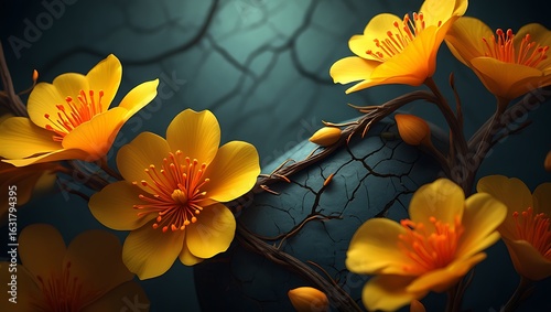 Vibrant yellow flowers with orange stamens and branches contrasting a dark cracked teal background texture.
