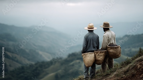 Two coffee farmers overlooking the misty landscape of Colombian coffee region
