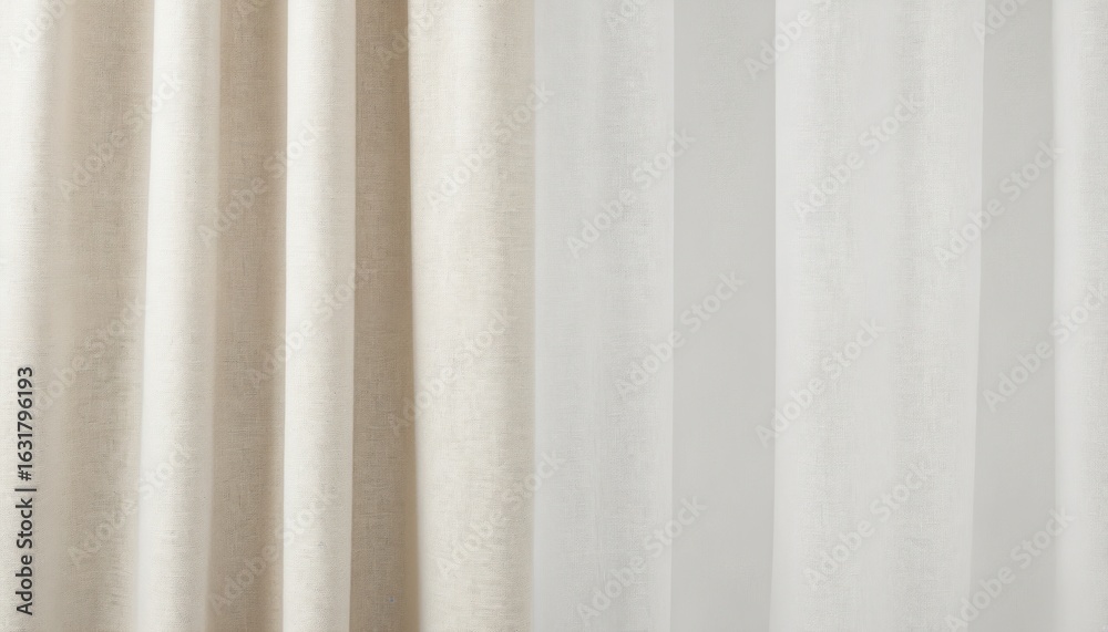 Obraz premium Textured linen curtains in light cream provide soft natural look. Clean pleats, smooth edges create minimalist rustic appearance. Isolated on transparent background, fabric offers clean, sharp focus.