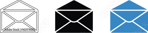 Three envelopes in different styles and colors including line art black and blue on a white background