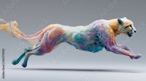 Abstract artistic representation of a cheetah in motion with vibrant pastel colors