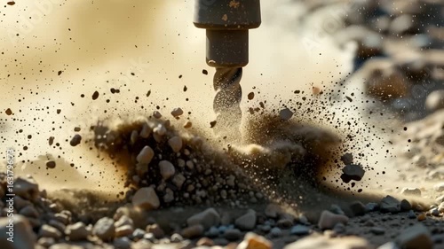 Drilling into the Core: A close-up captures the powerful impact of a drill bit as it effortlessly penetrates the earth, generating a cloud of dust and gravel, revealing the hidden layers below.