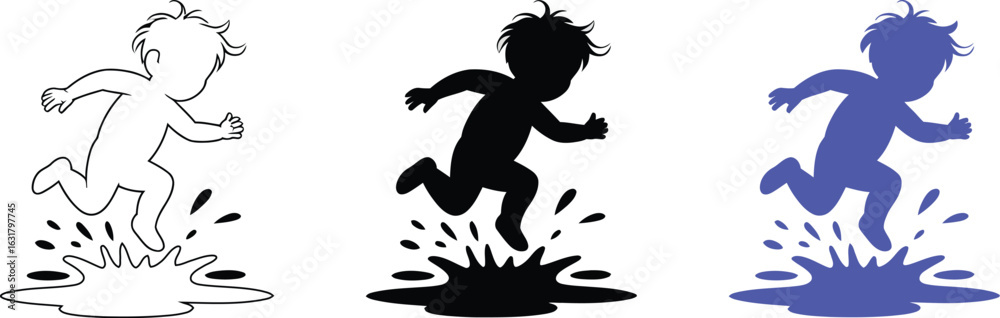 Naklejka premium A child jumping in a puddle shown in three different styles outline silhouette and blue solid fill design