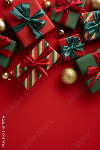 Festive vertical Christmas gifts with elegant bows and decorations arranged on a vibrant red surface