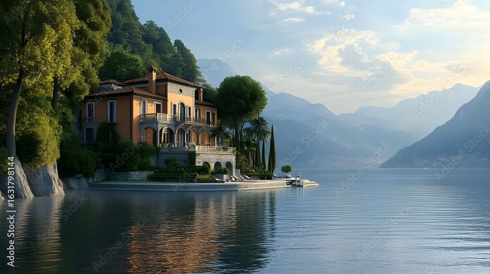 Fototapeta premium Lakeside Villa 3D Illustration: Tranquil Mountain Retreat