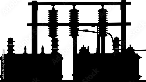 "Monochrome silhouette diagram of an electrical substation, emphasizing structural detail in transformers, poles, and cables, schematic representation with no color or environmental background."