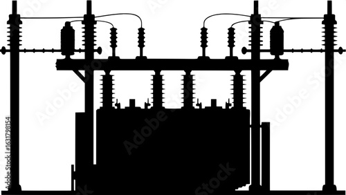 "Monochrome silhouette diagram of an electrical substation, emphasizing structural detail in transformers, poles, and cables, schematic representation with no color or environmental background."
