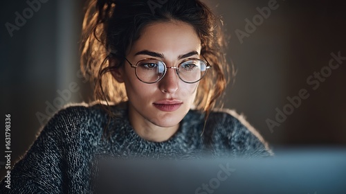 A focused young woman with glasses working on her laptop in casual attire at night and staying up all night in the office, her professional focus accentuated by low contrast and clear, clean focus.