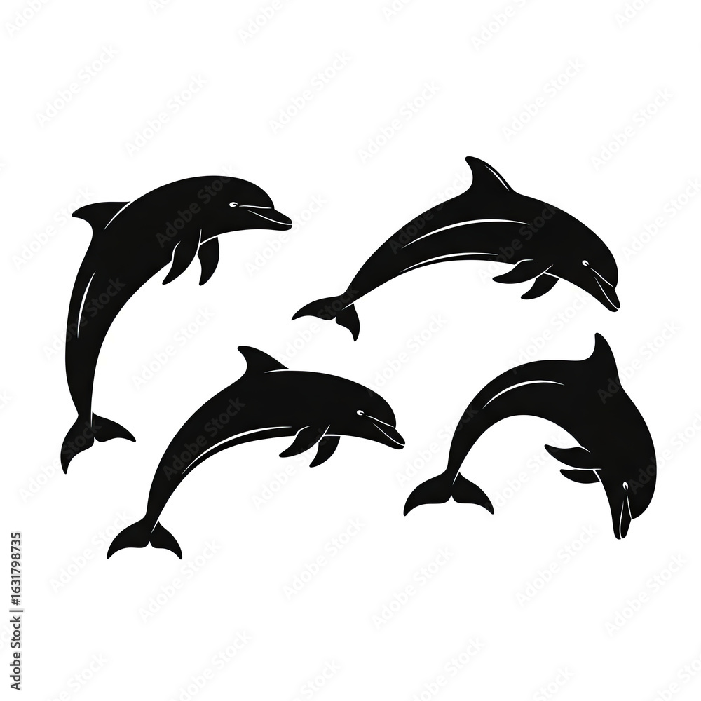 Fototapeta premium A set of four different dolphin silhouettes in dynamic swimming and jumping poses on a clean white background.