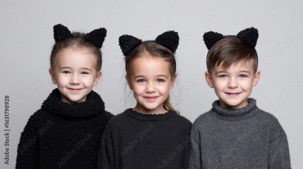 Adorable young children in plush cat-ears spark joyous Samhain celebrations, embodying playful unity with whimsical flair Adorable young children in plush cat-ears spark joyous Samhain celebrations, embodying playful unity with whimsical flair