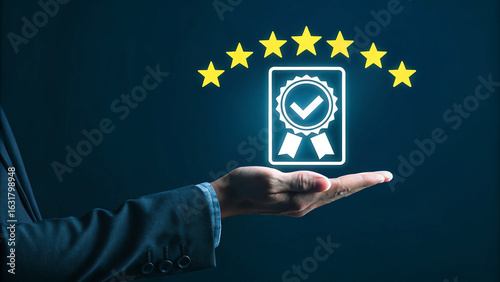 Blue quality concept shows white checkmark emblem with yellow stars above a hand, ideal for marketing, certification, or business presentations.